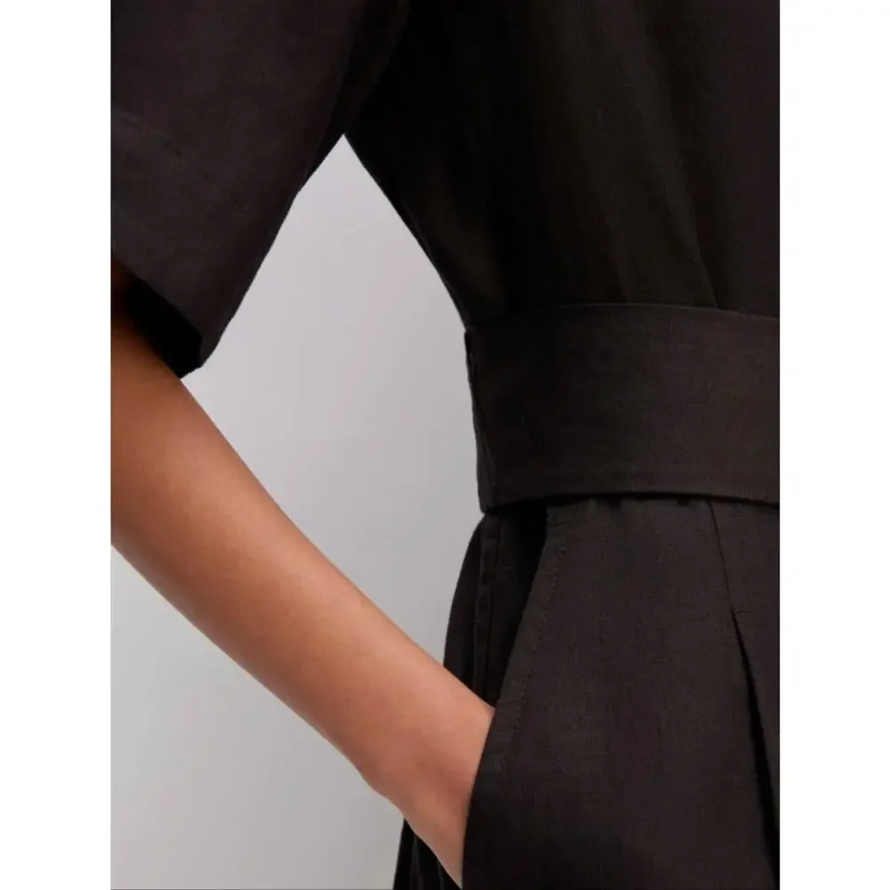 NEW Everlane The Wrap Linen Black Wrap-Front Wide-Leg Short Sleeve Jumpsuit 8